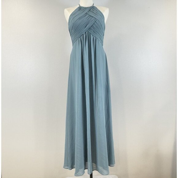 Morilee Madeline Gardner Teal Ruched Halter Maxi Dress Keyhole Back Zip Size 6 - Picture 1 of 13